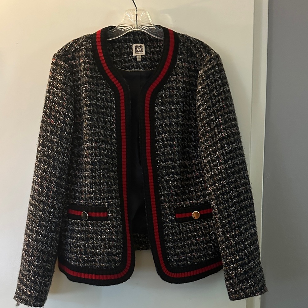 Anne Klein Black Tweed Jacket with Red Trim